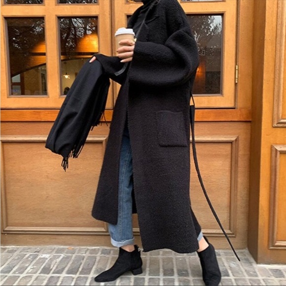 Jackets & Blazers - Chunky Below the knee Rib Belted With Pockets Black Cardigan Coat